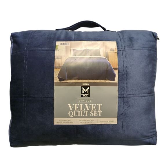 Navy - Member's Mark 3 Piece Soft Box Quilted Velvet Bedding Set with Shams, Kin
